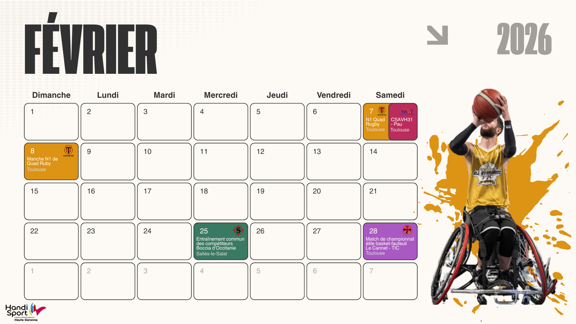 Février 2026 : 
7 février : Nationale 1 Quad Rugby à Toulouse (Stade Toulousain Handisport), Club Sportif association Valentin Haüy 31 versus Pau à Toulouse. 
8 février : manche nationale 1 de Quad Rugby à Toulouse (Stade Toulousain handisport).
25 février : entraînement commun des compétiteurs Boccia d'Occitanie à Saliès-le-Salat (Handisport salisien).
28 février : match de championnat élite basket fauteuil, Toulouse Iron Club versus Le Cannet.