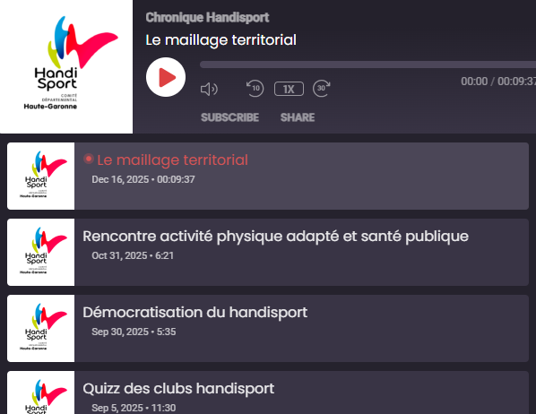 Liste des chroniques Handisport diffusées sur Altitude FM récemment : le maillage territorial, rencontre activité physique adaptée et santé publique, démocratisation du handisport, quizz des clubs handisport 