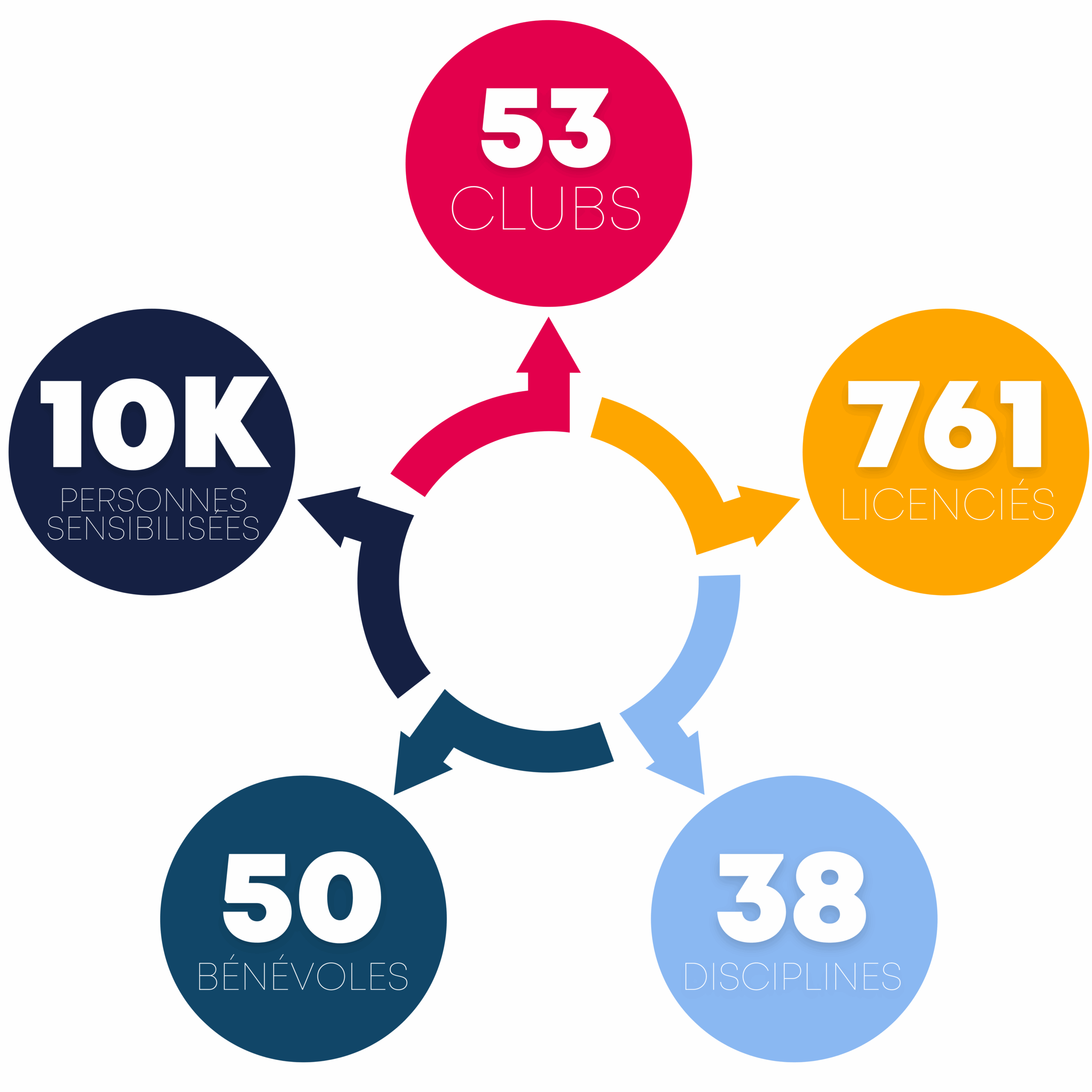 Infographie sur le CDH31 : 53 clubs, 761 licenciés, 38 disciplines, 50 bénévoles, 10 000 personnes sensibilisées