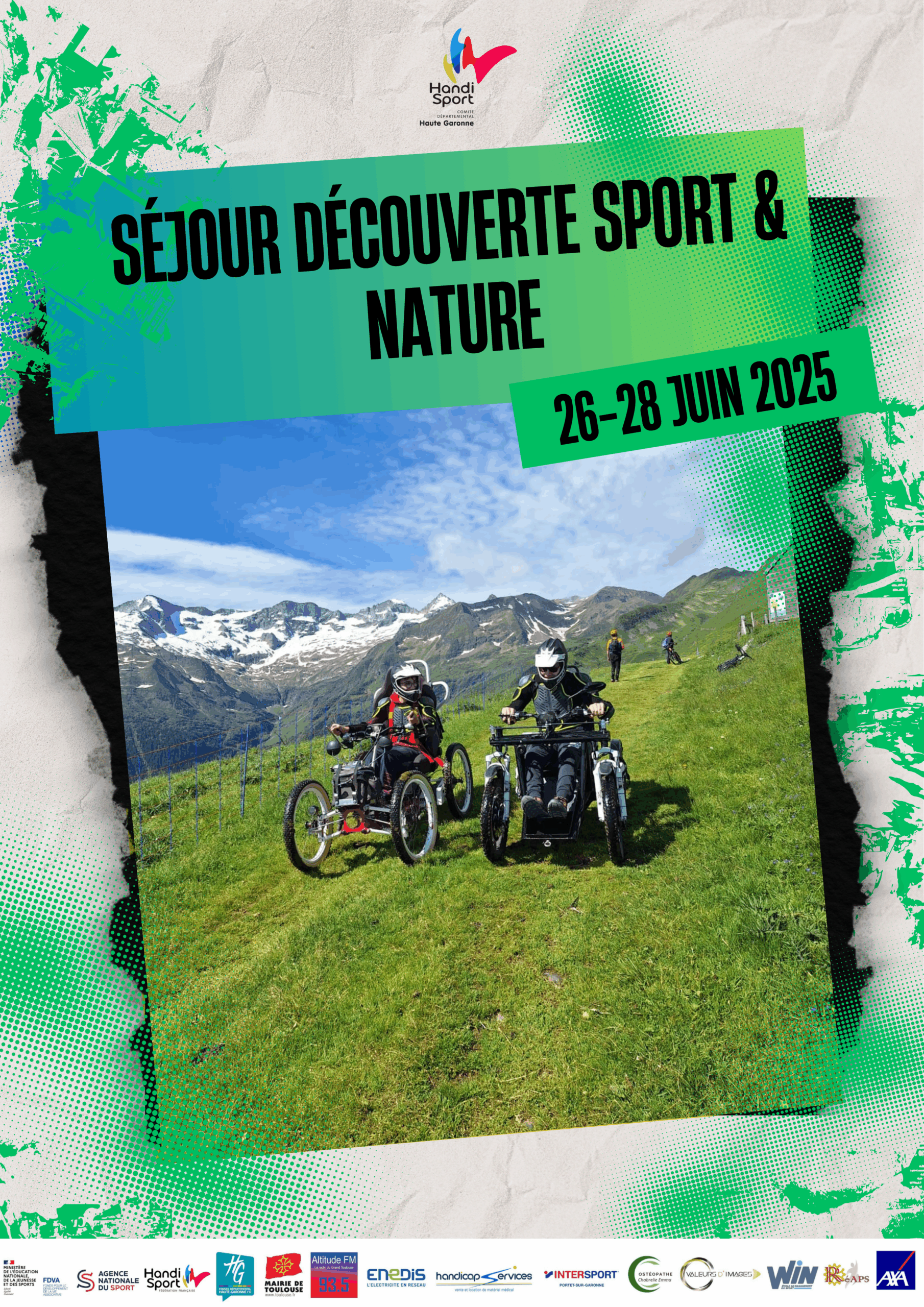 Affiche du séjour découverte sport et nature du 26 au 28 juin 2025, avec deux personnes en FTT en photo.