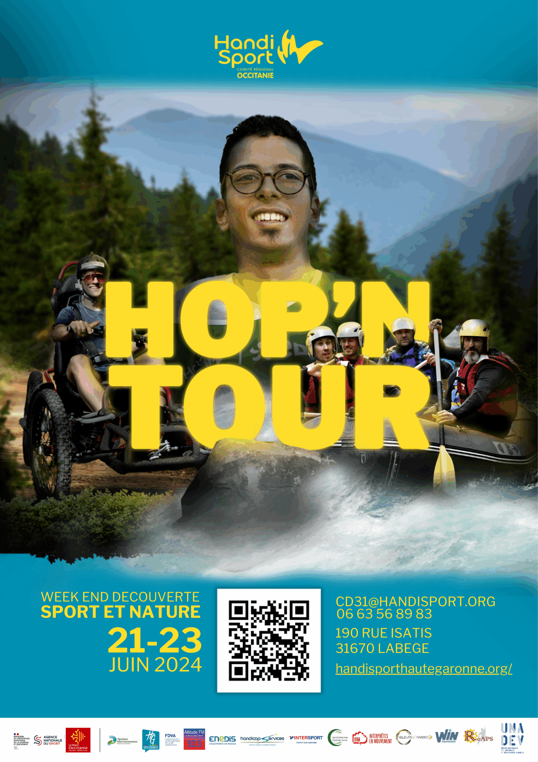 Affiche du week-end découverte sport et nature "Hop'n tour" du 21 au 23 juin 2024.
cd31@handisport.org
06 63 56 89 83
190 rue Isatis 31670 Labège
handisporthautegaronne.org