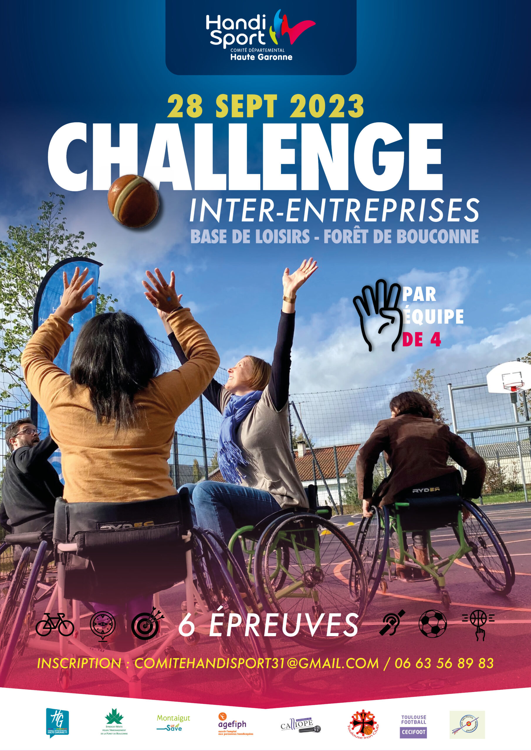 Affiche du premier challenge inter-entreprises organisé par le CDH31 qui a eu lieu le 28 septembre 2023 à la base de loisirs dans la forêt de Bouconne avec 6 épreuves handisport