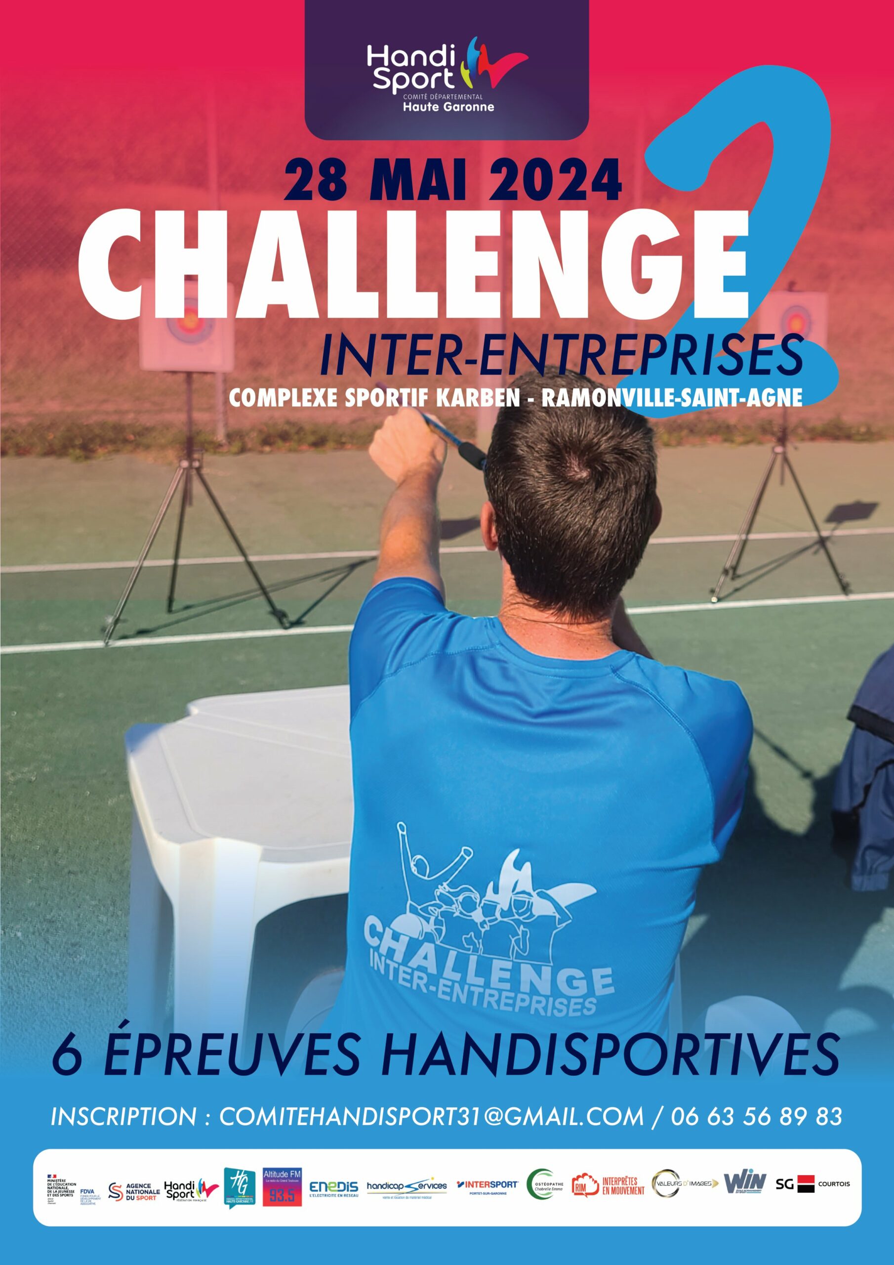 Affiche du deuxième challenge inter-entreprises organisé par le CDH31 qui a eu lieu le 28 mai 2024 au Complexe sportif Karben à Ramonville avec 6 épreuves handisport